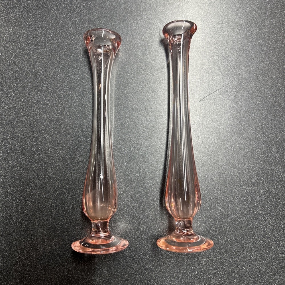 two Art Deco Stretched Swung Bud Vase pink Art Deco 9 Inch